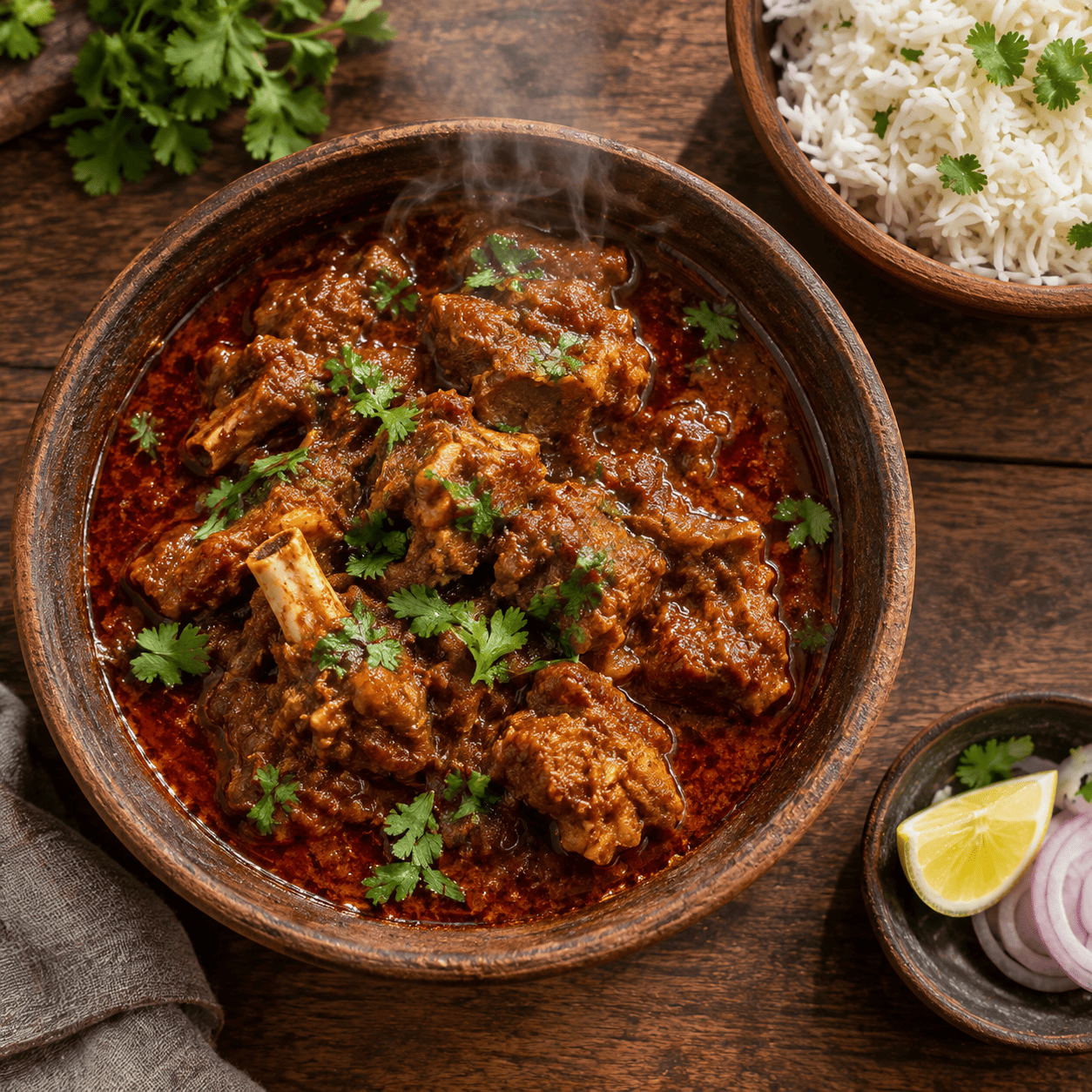 Bowl of homemade mutton curry garnished with coriander