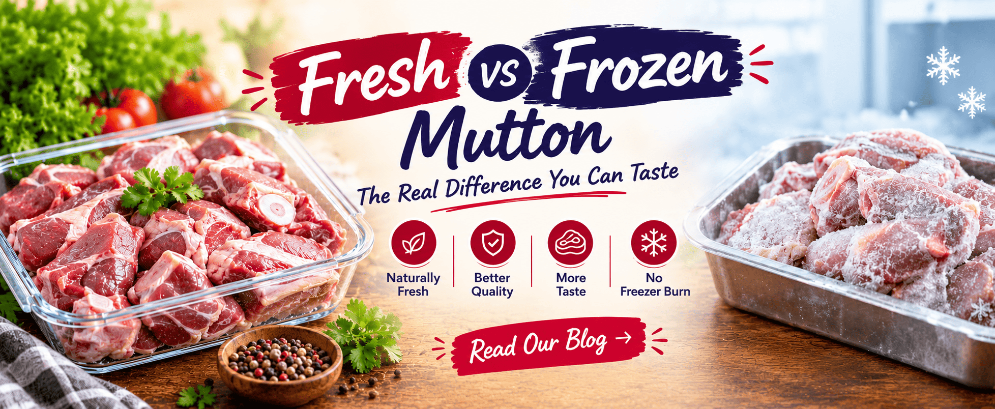 Fresh cut mutton pieces next to frozen mutton packets on a wooden board
