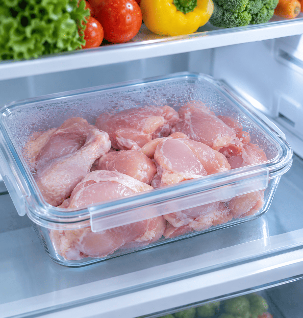 Fresh chicken pieces stored safely in the refrigerator