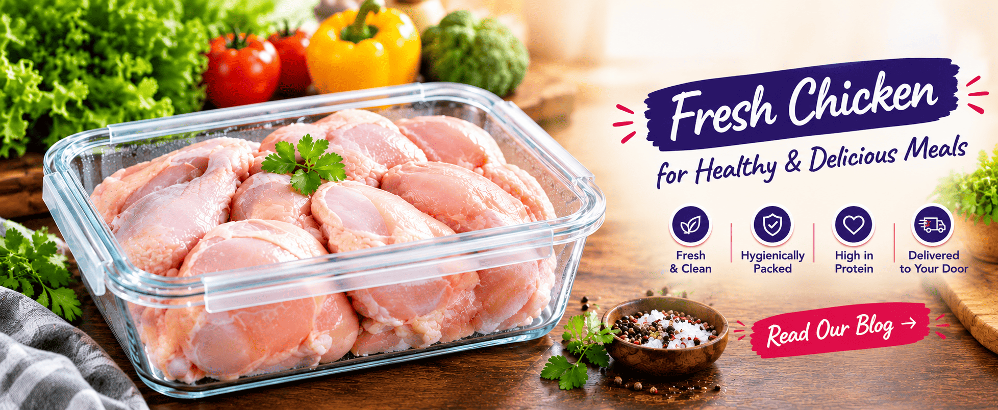 Fresh chicken pieces stored in an airtight container in the refrigerator